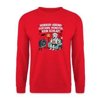 Horror-Abend: Popcorn, Monster, Kein Schlaf - Unisex Pullover - Rot - Vorne - Alina (178cm) & Michal (187cm)