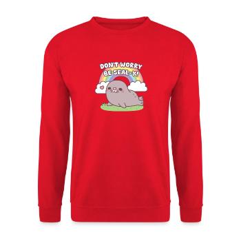 Mach dir keine Sorgen, sei siegelhaft, niedlich, dicker Robbe und Regenbogen - Unisex Pullover - Rot - Vorne - Alina (178cm) & Michal (187cm)