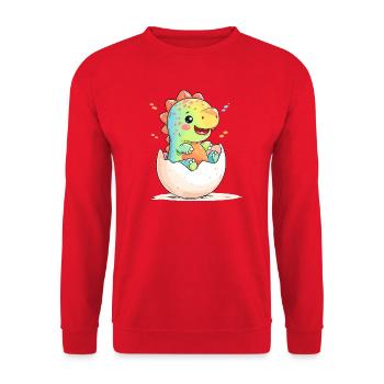 Fröhlicher Dino-Küken aus dem Ei - Unisex Pullover - Rot - Vorne - Alina (178cm) & Michal (187cm)