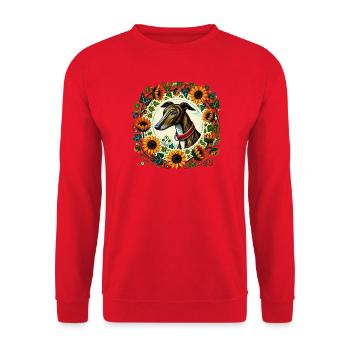 Windhund im Sonnenblumenring - Unisex Pullover - Rot - Vorne - Alina (178cm) & Michal (187cm)