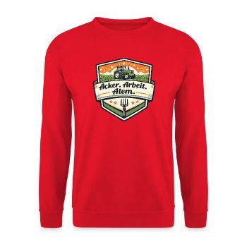 Acker Arbeit Atem Badge - Unisex Pullover - Rot - Vorne - Alina (178cm) & Michal (187cm)