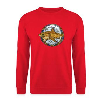 Buntglas-Hai-Mosaik-Illustration - Unisex Pullover - Rot - Vorne - Alina (178cm) & Michal (187cm)