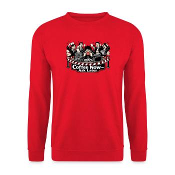 Kaffee Jetzt – Fragen Später - Unisex Pullover - Rot - Vorne - Alina (178cm) & Michal (187cm)