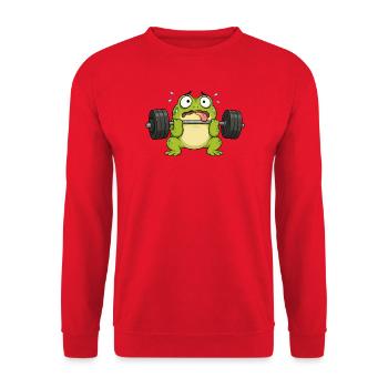 Lustiger Frosch im Fitnessstudio Gewichte heben - Unisex Pullover - Rot - Vorne - Alina (178cm) & Michal (187cm)