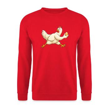 Huhn bringt das Ei in Sicherheit - Unisex Pullover - Rot - Vorne - Alina (178cm) & Michal (187cm)