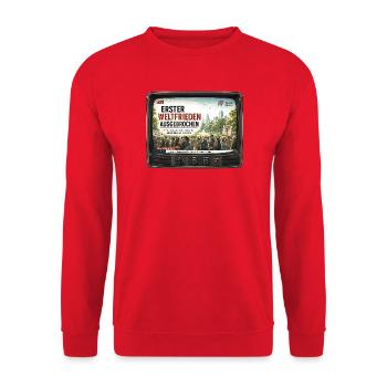 Erster Weltfrieden News TV Spruch - Unisex Pullover - Rot - Vorne - Alina (178cm) & Michal (187cm)
