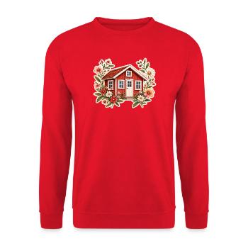 Rotes Schwedenhaus mit Blumen im Tinyhaus Stil  - Unisex Pullover - Rot - Vorne - Alina (178cm) & Michal (187cm)