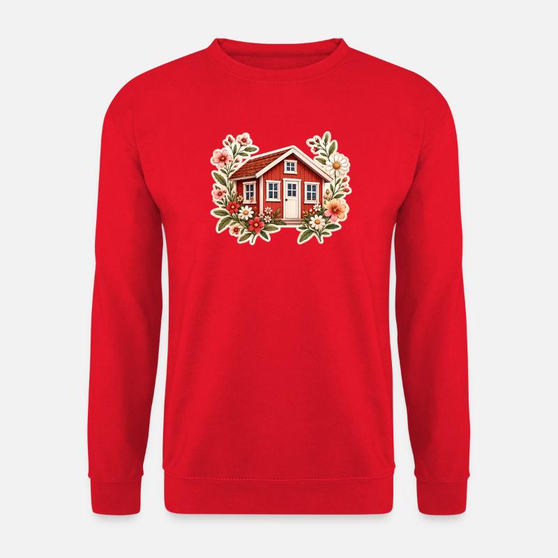 Rotes Schwedenhaus mit Blumen im Tinyhaus Stil  - Unisex Pullover - Rot