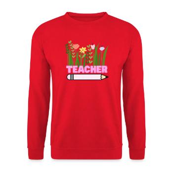 Lehrerblumen mit Bleistift - Unisex Pullover - Rot - Vorne - Alina (178cm) & Michal (187cm)