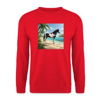 Ein Abaco Barbe-Pferd und eine bahamaische Landschaft - Unisex Pullover - Rot - Vorne - Alina (178cm) & Michal (187cm)