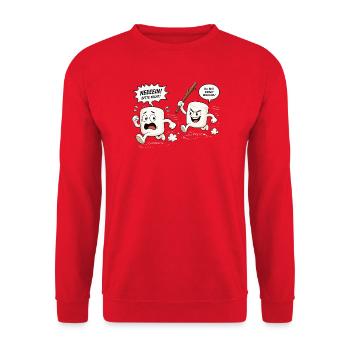 Lustige Marshmallow Verfolgungsjagd Comic  - Unisex Pullover - Rot - Vorne - Alina (178cm) & Michal (187cm)
