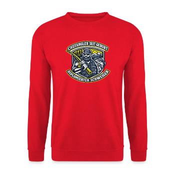 Angler Profi Badge im Berglicht - Unisex Pullover - Rot - Vorne - Alina (178cm) & Michal (187cm)