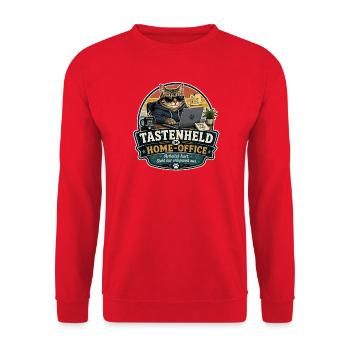 Tastenheld im Home-Office – Lustiges Büro Motiv - Unisex Pullover - Rot - Vorne - Alina (178cm) & Michal (187cm)
