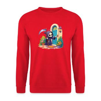 Grim Reaper at the Door Cartoon - Unisex Sweatshirt - red - Front - Alina (178cm) & Michal (187cm)