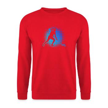 Geschenkidee für die Hockeyspielerin mit Unihockey - Unisex Pullover - Rot - Vorne - Alina (178cm) & Michal (187cm)