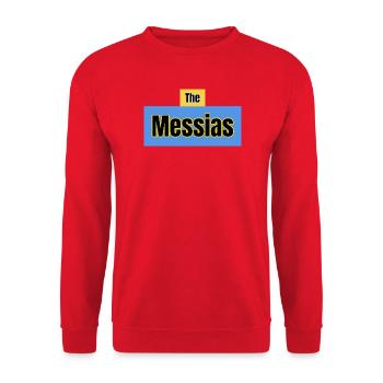 Der Messias-Typografie-Blau - Unisex Pullover - Rot - Vorne - Alina (178cm) & Michal (187cm)