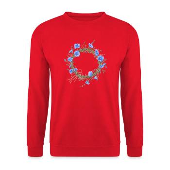 (Außer)gewöhnlicher Wegwartenkranz Blumenmotiv - Unisex Pullover - Rot - Vorne - Alina (178cm) & Michal (187cm)