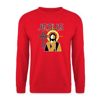 Jesus Ikone mit Heiligenschein  - Unisex Pullover - Rot - Vorne - Alina (178cm) & Michal (187cm)