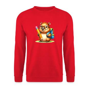 Biber mit Stift & Schulranzen zur Einschulung - Unisex Pullover - Rot - Vorne - Alina (178cm) & Michal (187cm)