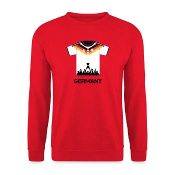 Deutschland Fußball Trikot mit Pokal – Fan Design - Unisex Pullover - Rot - Vorne - Alina (178cm) & Michal (187cm)