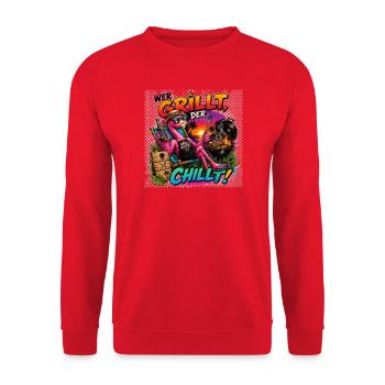 wer grillt, der chillt - cooles lustiges Geschenk - Unisex Pullover - Rot - Vorne - Alina (178cm) & Michal (187cm)