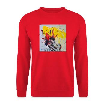 Farbexplosion eines Rock-Sängers - Unisex Pullover - Rot - Vorne - Alina (178cm) & Michal (187cm)