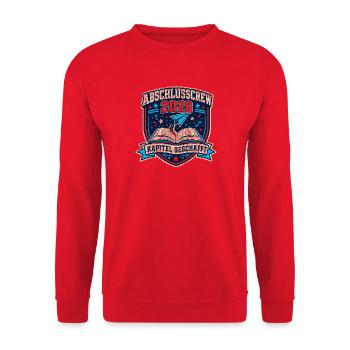 Abschlusscrew 2026 Kapitel Geschafft - Unisex Pullover - Rot - Vorne - Alina (178cm) & Michal (187cm)