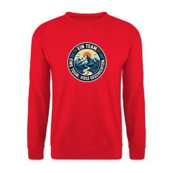 Ein Team – Eine Tour – Viele Geschichten - Unisex Pullover - Rot - Vorne - Alina (178cm) & Michal (187cm)