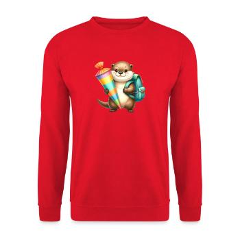 Kleiner Otter mit Schultüte & Schulranzen - Unisex Pullover - Rot - Vorne - Alina (178cm) & Michal (187cm)