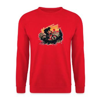 Mountain Biker Silhouette Sunset Forest Trail Art - Unisex Pullover - Rot - Vorne - Alina (178cm) & Michal (187cm)