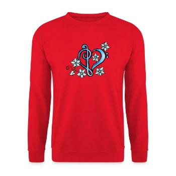 Blaues Trippelherz mit floraler Blüte - Unisex Pullover - Rot - Vorne - Alina (178cm) & Michal (187cm)