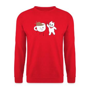 Süße Katze und Kaffeetasse High Five - Unisex Pullover - Rot - Vorne - Alina (178cm) & Michal (187cm)