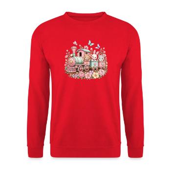 Pastell Zug mit Tierchen und Blumen - Unisex Pullover - Rot - Vorne - Alina (178cm) & Michal (187cm)