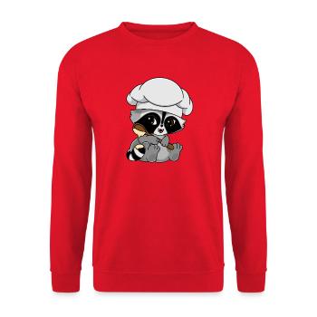 Snuggles der Waschbär als Bäcker - Unisex Pullover - Rot - Vorne - Alina (178cm) & Michal (187cm)