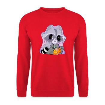 Snuggles der Waschbär im Geisterkostüm - Unisex Pullover - Rot - Vorne - Alina (178cm) & Michal (187cm)