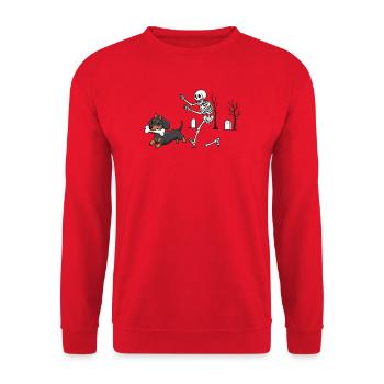 Dackel und Skelett Halloween-Jagd - Unisex Pullover - Rot - Vorne - Alina (178cm) & Michal (187cm)
