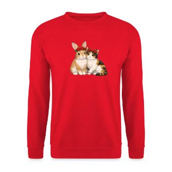 Kaninchen und Katze - Unisex Pullover - Rot - Vorne - Alina (178cm) & Michal (187cm)