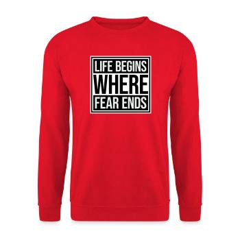 Life Begins Where Fear Ends Motivierend Zitat Logo - Unisex Pullover - Rot - Vorne - Alina (178cm) & Michal (187cm)