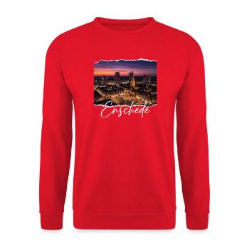 Enschede Abendpanorama Script - Unisex Pullover - Rot - Vorne - Alina (178cm) & Michal (187cm)