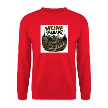 Meine Therapie: Bergbike Auszeit - Unisex Pullover - Rot - Vorne - Alina (178cm) & Michal (187cm)