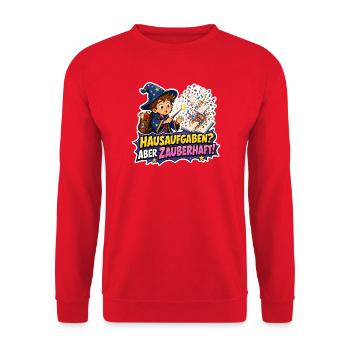 Hausaufgaben Aber Zauberhaft Zauberer Kind Spruch - Unisex Pullover - Rot - Vorne - Alina (178cm) & Michal (187cm)