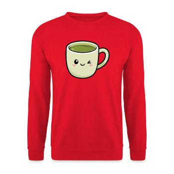 Kawaii Winking Matcha Green Tea Cup - Unisex Sweatshirt - red - Front - Alina (178cm) & Michal (187cm)