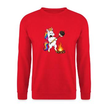 Funny Unicorn Camping Mishap - Unisex Sweatshirt - red - Front - Alina (178cm) & Michal (187cm)