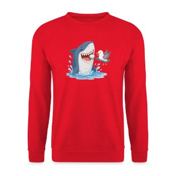 Hai beim Zähneputzen mit Möwe - Unisex Pullover - Rot - Vorne - Alina (178cm) & Michal (187cm)