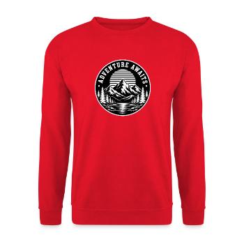 Adventure Awaits – Art de voyage vintage avec emblème de montagne - Sweat-shirt Unisexe - rouge - Devant - Alina (178cm) & Michal (187cm)