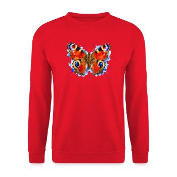 Pfauenschmetterling Aglais io Aquarell-Stil - Unisex Pullover - Rot - Vorne - Alina (178cm) & Michal (187cm)