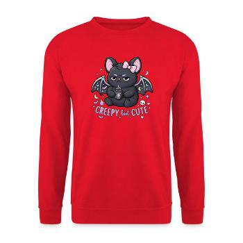 Koffein-Creepy Katze mit Flügeln - Unisex Pullover - Rot - Vorne - Alina (178cm) & Michal (187cm)