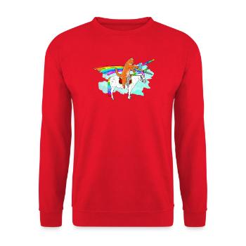 Katzenritter auf Rainbow Unicorn - Unisex Pullover - Rot - Vorne - Alina (178cm) & Michal (187cm)