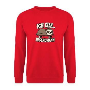 Faultier auf Skateboard – Ich eile irgendwann - Unisex Pullover - Rot - Vorne - Alina (178cm) & Michal (187cm)