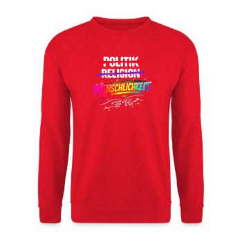 Menschlichkeit steht über Politik und Religion - Unisex Pullover - Rot - Vorne - Alina (178cm) & Michal (187cm)